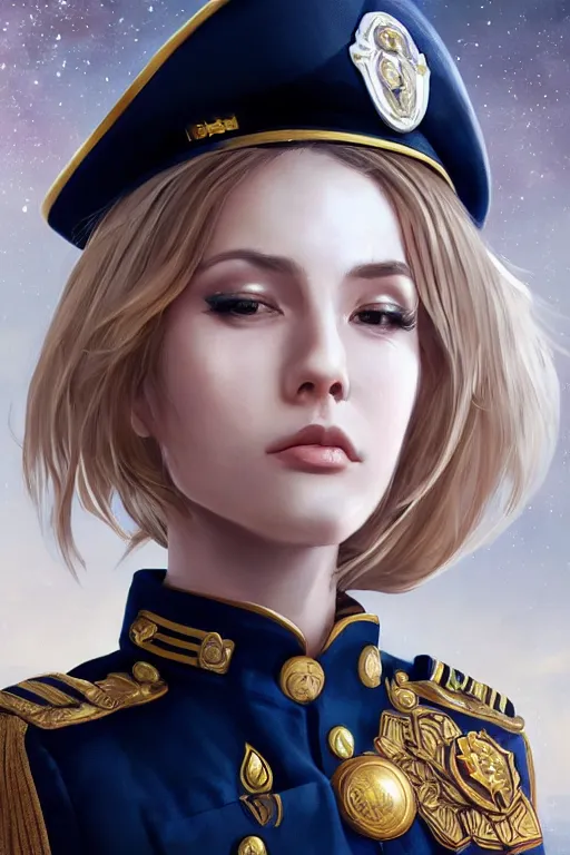 Prompt: beautiful portrait of a female officer wearing a fancy naval uniform, art by wlop and artgerm, science fiction, intricate detail, blonde hair, space background, trending on artstation, sharp focus, illustration, caustics, octane render, radiant light, 4 k