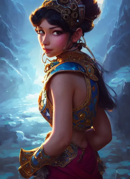 Image similar to portrait of russian mexican asian girl jodhpurs hyperborea lemuria, deep focus, d & d, fantasy, intricate, elegant, highly detailed, digital painting, artstation, concept art, matte, sharp focus, illustration, hearthstone, art by rhads by artgerm and greg rutkowski and alphonse mucha