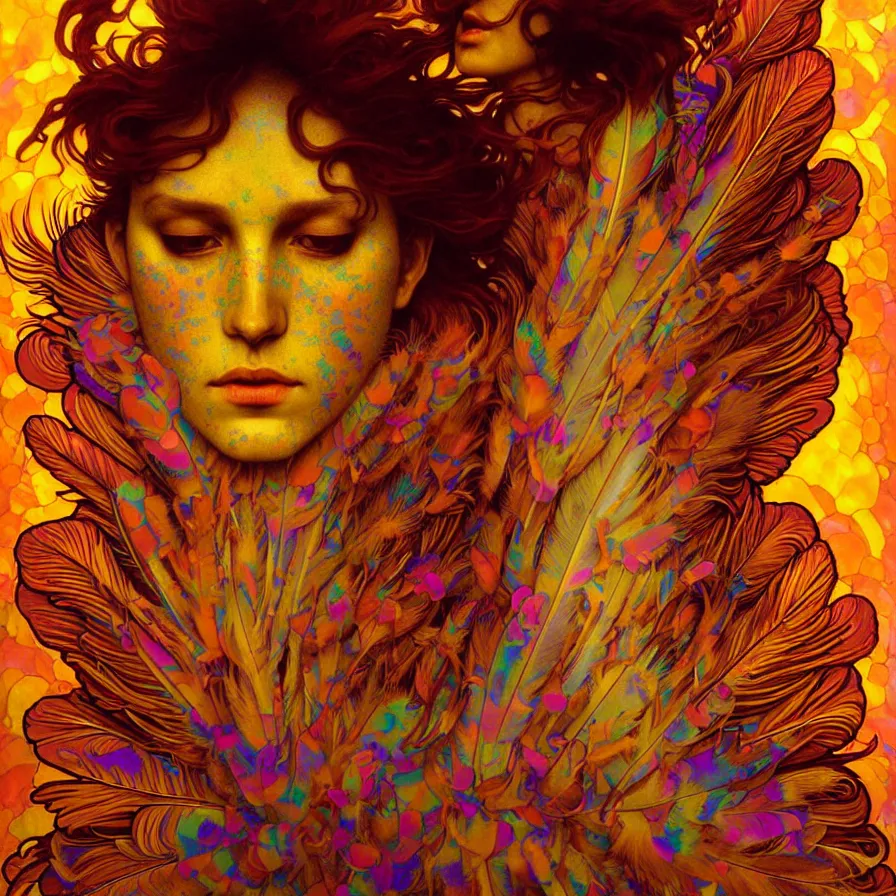 Image similar to face of innocent psychedelic transcendent feather mind bending psychedelic wings of glossy liquid honey flowing like kaleidoscopic translucent holograph, lsd feathers, feathery fluff, enlightenment, high contrast dappled lighting, refracted sunset, highly detailed, concept art, art by collier, albert aublet, krenz cushart, artem demura, alphonse mucha