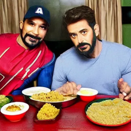 Prompt: iron man and captain america eating idli together