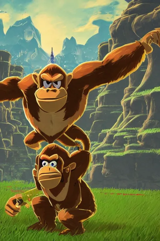 Image similar to an in game portrait of donkey kong from the legend of zelda breath of the wild, breath of the wild art style.