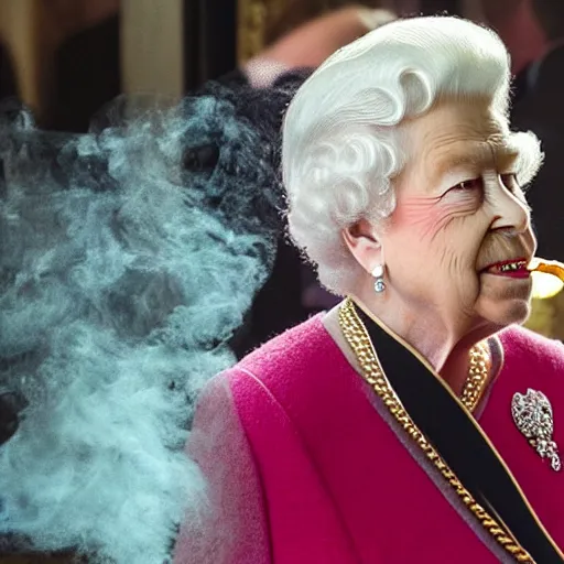 Image similar to the queen of england exhaling a large smoke cloud from her royal bong, award winning candid photography
