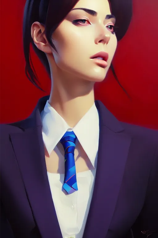 Image similar to a ultradetailed beautiful panting of a stylish woman wearing a oversized suit with a tie, oil painting, by ilya kuvshinov, greg rutkowski and makoto shinkai, trending on artstation