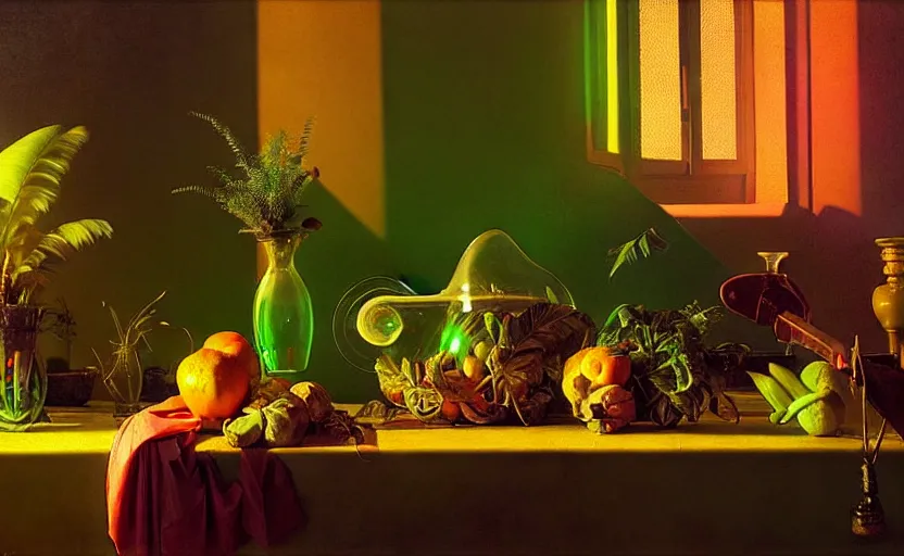 Prompt: still life by evaristo baschenis, jacopo de barberi, jan davidsz de hem | biopunk, vibrantly lush neon lighting, beautiful volumetric - lighting - style atmosphere, a mystical atmosphere, beautiful detailed, insanely intricate details