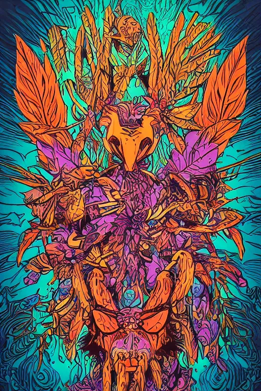 Image similar to animal mask totem roots flower tribal feather gemstone plant wood rock shaman vodoo video game vector cutout illustration vivid multicolor borderlands comics by josan gonzales and dan mumford radiating a glowing aura