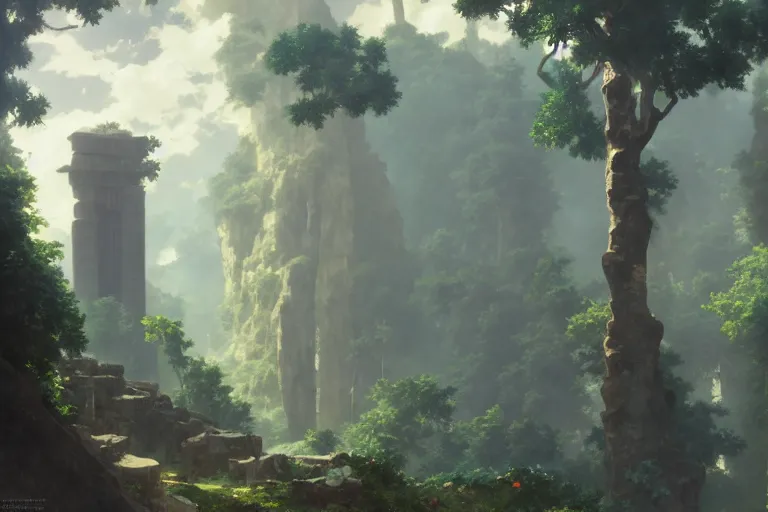 Image similar to detailed environment study lomo photo botw-studio-ghibli-William-Adolphe-Bouguereau-Hans-Zatzka #hyperreal #intricate #cinematic-composition, [32k hd]^10--w 450 | greek monoliths towering