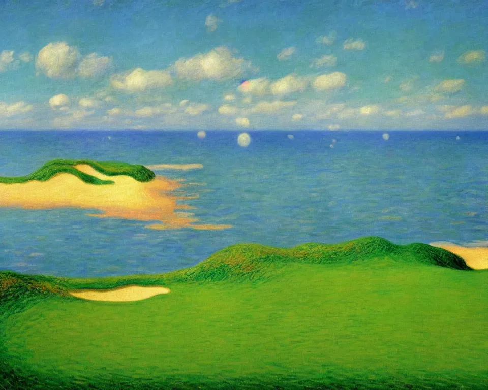 Prompt: achingly beautiful painting of pacific dunes course by rene magritte, monet, and turner.