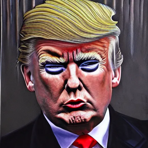 Image similar to h. r. giger donald trump painting, hyperdetailed, photorealistic, 4 k