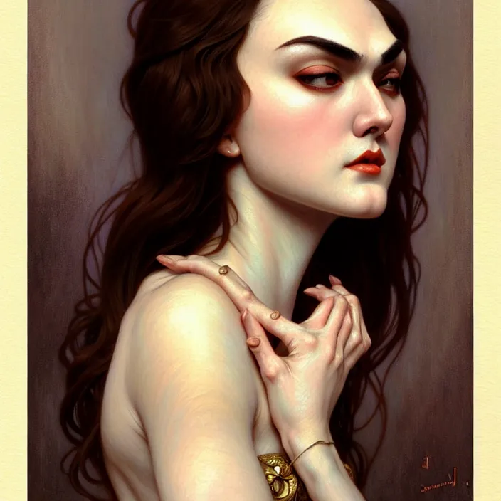 Prompt: ancient queen sasha grey, symetrical, diffuse lighting, fantasy, intricate, elegant, highly detailed, lifelike, photorealistic, digital painting, artstation, illustration, concept art, 4 k, smooth, sharp focus, art by john collier and albert aublet and krenz cushart and artem demura and alphonse mucha