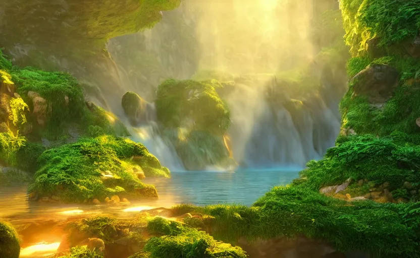 Image similar to a beautiful and stunning professional digital artwork of a humongous gold cave, haze, waterfall, volumetric lighting, hyperrealistic, green, blue, sunset, unreal engine 5, ultra detail