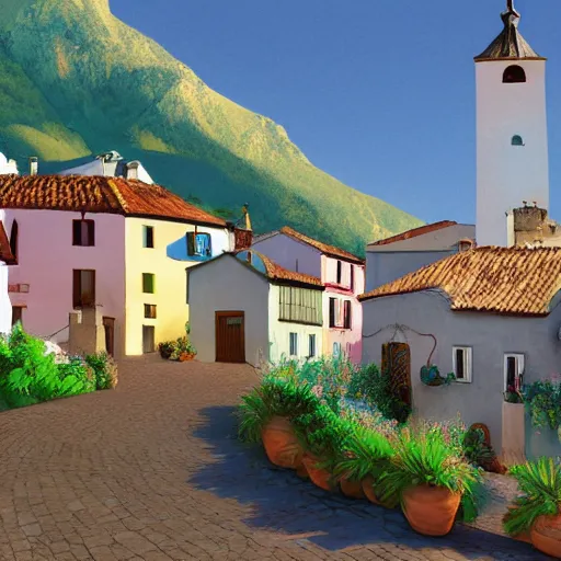 Prompt: A Spanish village. Clean, flat, Scandinavian retro, 4k, digital art.