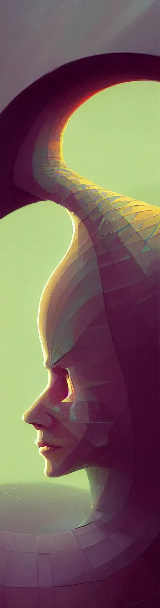 Prompt: a post - minimalism portrait of a magical triangle glass head spiral street one point perspective, extremely long forehead being sucked into void, with very long legs vibrant color scheme, highly detailed, in the style of romanticism, cinematic, artstation, moebius, greg rutkowski