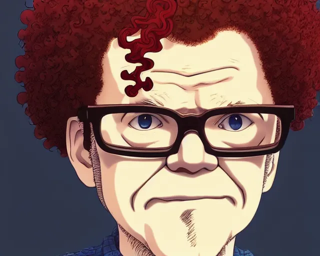 Prompt: ugly middle-aged anime Steve Brule with red curly hair and glasses, wearing a white sweater, fine details portrait, village in the background, bokeh. anime masterpiece by Studio Ghibli. illustration, sharp high-quality anime illustration in style of Ghibli, Ilya Kuvshinov, Artgerm