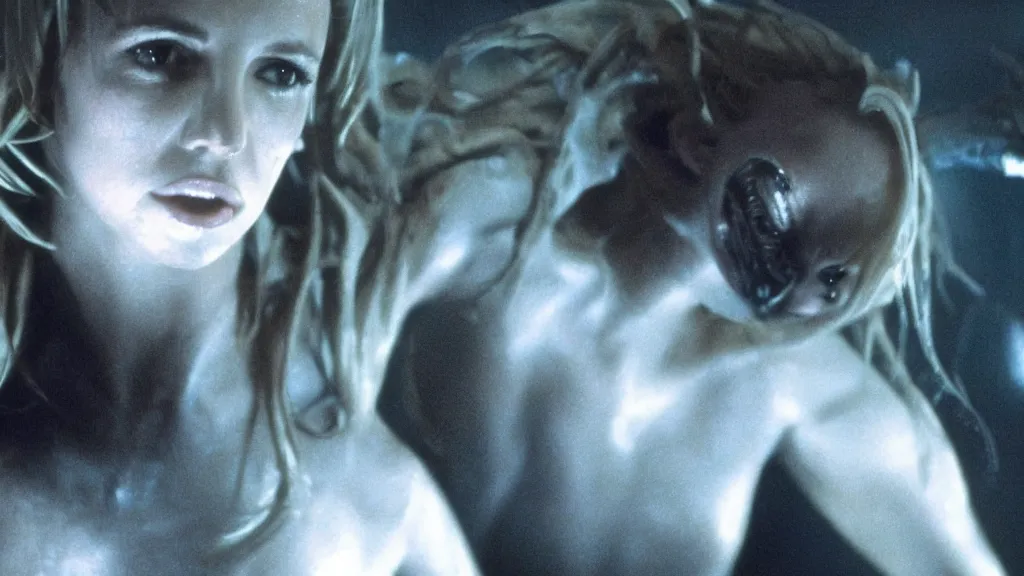 Image similar to film still of britney spears in Alien, xenomorph leaning upto her face, cinematic-shot, 4k