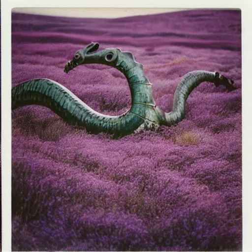 Prompt: polaroid photo of a sea serpent in the heather on the north yorkshire moors