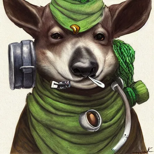 Prompt: Anthropomorphic Corgie with Pipe in his mouthe a green scarf around his neck a monocle up to his eye and a backpack full of wares, D&D Art, Fantasy, by Vince Ruz