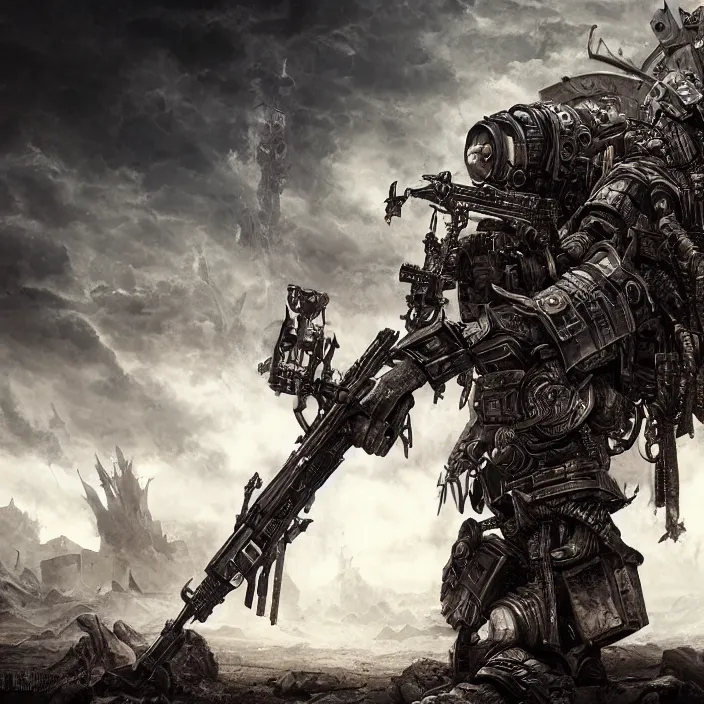 Prompt: apocalyptic man attached to machine weaponry, hyper - detailed, smooth, sharp focus, 4 k ultra hd, fantasy dark art, apocalyptic art