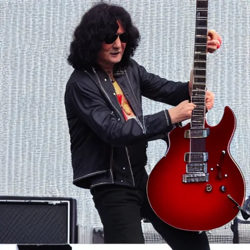 Prompt: Jimmy Page playing guitar with Adam Jones on large outdoor stage, high def, 8k