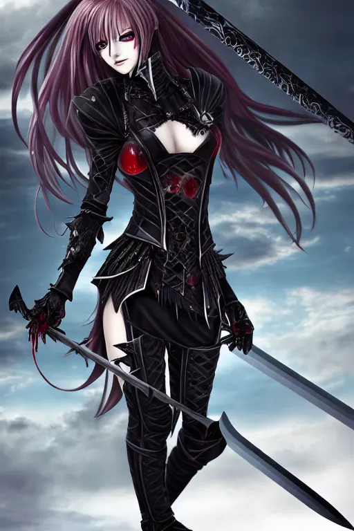 Image similar to full portrait, female vampire knight in black heavy armor, well - protected, metal mask, feet, tall gladiator sandals, barefoot, giant two - handed sword covered in blood, enchanting, mysterious, elegant, smiling, bloodied sharp teeth, good lighting, realistic proportions, reasonable fantasy