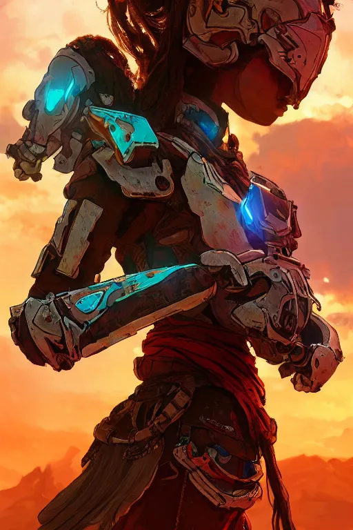 Image similar to combination suit armor aloy horizon forbidden west horizon zero dawn radiating a glowing aura global illumination ray tracing hdr fanart arstation by ian pesty and alena aenami artworks in 4 k tribal robot ninja mask helmet backpack