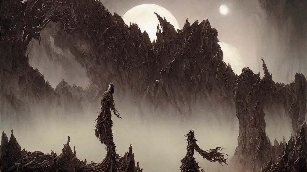 Image similar to eerie atmospheric otherworldly planet by gerald brom and glenn barr, epic cinematic matte painting
