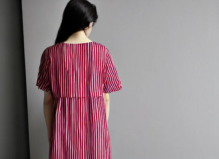Image similar to “ silk dress, red stripes, black polka dots, model ”