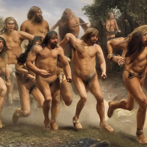 Image similar to a group of neanderthals with very little clothing running towards a roman legion.