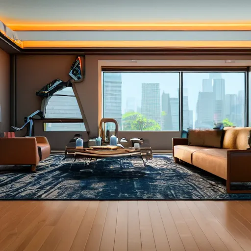 Image similar to Sci fi living room lab, cybernetic wallpaper, unreal engine 5 tech demo, zillow interior, cool tint, metallic reflective, octane render, Frank Lloyd Wright ((Studio Ghibli))