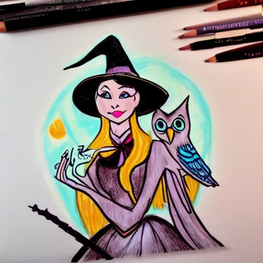 Image similar to disney style drawing of a witch with an owl on her shoulder, muted colors, acrylics on wood