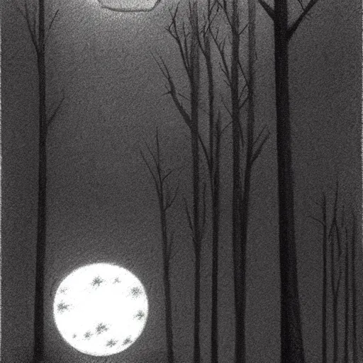 Prompt: charcoal drawing of rows of trees at night, the moon is seen between the trees, illustrated by chris van allsburg, illustration, masterful, volumetric light, subdued, subtle, greyscale