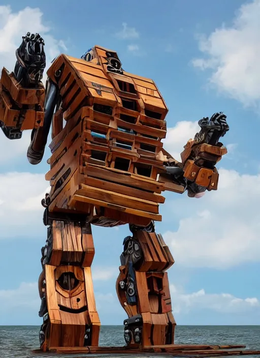 Prompt: A giant wooden bipedal autobot transformer made out of pirate ship, canons on arms, wooden mast for legs, sails, digital art