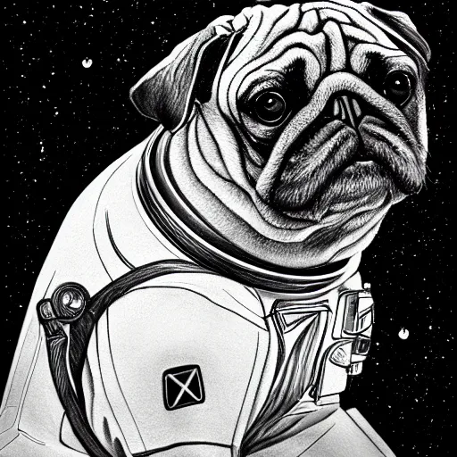 Image similar to pencil art, golden - ratio, spirals, highly detailed, astronaut pug in outer space by davinci.