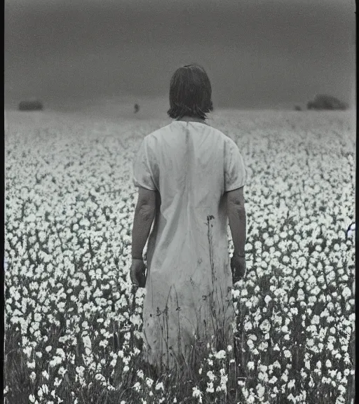 Image similar to mystical death god standing in tall meadow of flowers, distant, vintage film photo, grainy, high detail, high resolution