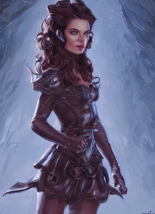 Prompt: beautiful female dorothy gale, rebecca romijn as dorothy, full body character concept, covered in full leather armor, armor plating, art nouveau, super powers, fantasy, intricate, elegant, highly detailed, digital painting, artstation, concept art, shining, sharp focus, illustration, art by stanley lau