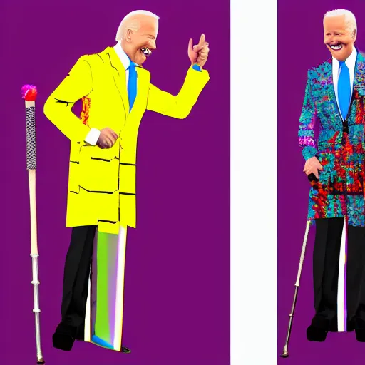 Image similar to joe biden wearing bright clashing extravagant clothes, big teeth smile, walking cane, midpart hair, blender render