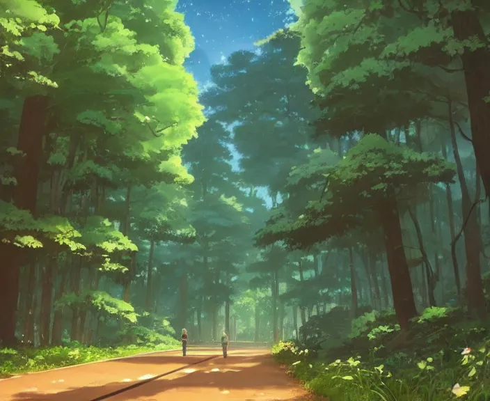 Image similar to A highway built in a forest, peaceful and serene, incredible perspective, soft lighting, anime scenery by Makoto Shinkai and studio ghibli, very detailed