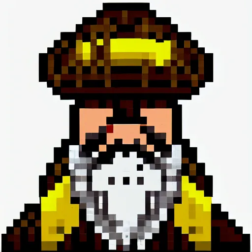 Prompt: 32x32 pixel art of an old grumpy ship captain, white beard, white cap, black coat, yellow background