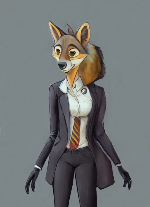 Image similar to oil painting detailed full body of anthromorphic female wolf, in style of zootopia, zootopia, zootopia, fursona, furry, furaffinity, 4 k, deviantart, furry art, fursona art, wearing black business suit, business suit, in style of zootopia, wolf fursona, cyberpunk, female, expressive, detailed feminine face,