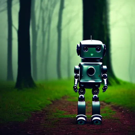 Image similar to a cute little robot in a wood. super realistic 8 k render of a dark hooded powerful elegant, cinematic composition