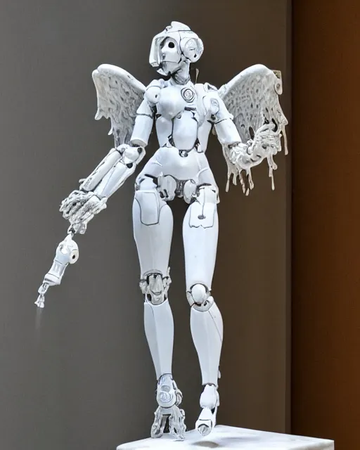 Image similar to marble sculpture of female angel with solarpunk mecha humanoid robotic parts with bright led lights, pudica pose gesture, by michelangelo, in white room, ultra - realistic and intricate, hdr 8 k