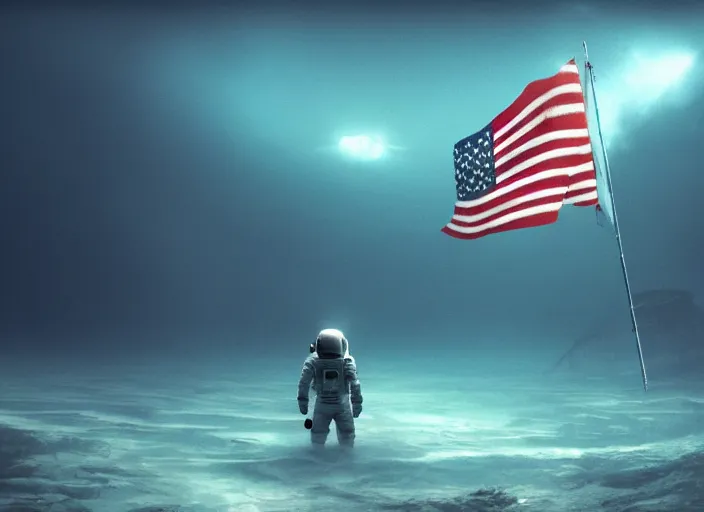 Image similar to astronaut holding a flag in an underwater desert. a submarine is visible in the distance. dark, concept art, cinematic, dramatic, atmospheric, 8 k, trending on artstation, blue, fish, low visibility, fog, ocean floor, christopher nolan, interstellar