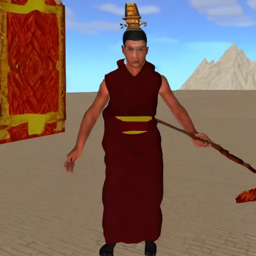 Image similar to tibetan monk sorcerer doing battle with invisible demonic forces in second life