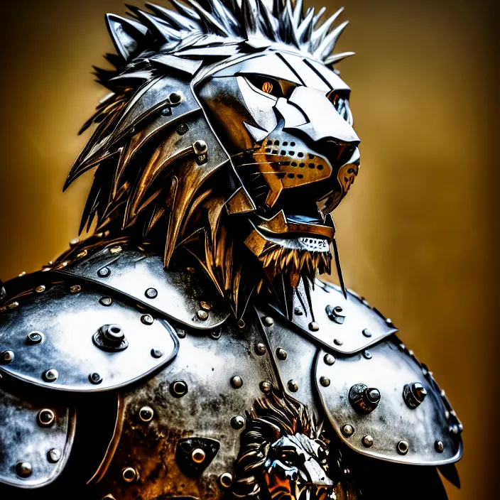 Image similar to photo of a warrior with metal lion themed armour, highly detailed, 4 k, hdr, smooth, sharp focus, high resolution, award - winning photo