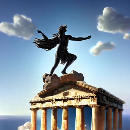 Prompt: tiny greek goddess in steel helmet standing on a giant greek bearded male head of Zeus, greek temple of olympus glory island, late afternoon light, wispy clouds in a blue sky, by frank lloyd wright and greg rutkowski and ruan jia