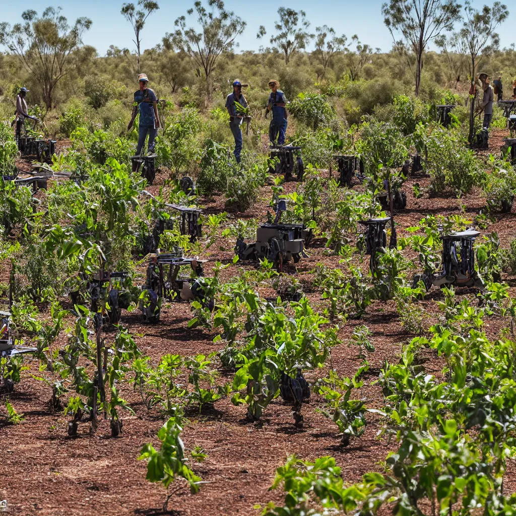 Image similar to tripedal robots harvesting a permaculture food forest in the australian desert, near an earthship village, next to a billabong, with crocodiles, XF IQ4, 150MP, 50mm, F1.4, ISO 200, 1/160s, natural light