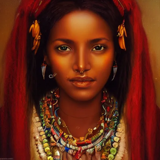 Prompt: portrait of a eritrean woman ( 3 5 ) from eritrea, an oil painting by ross tran and thomas kincade