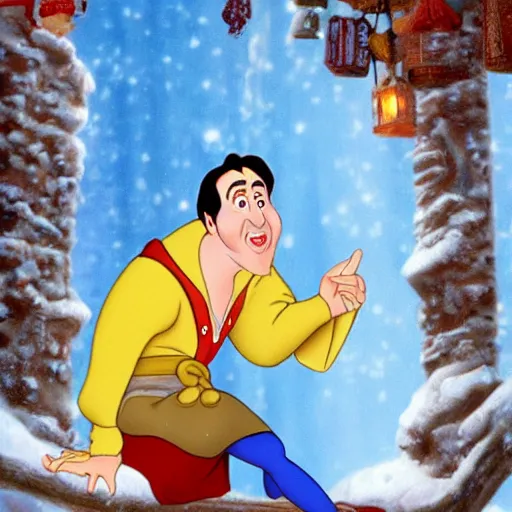 Image similar to nic cage in snow white, disney,