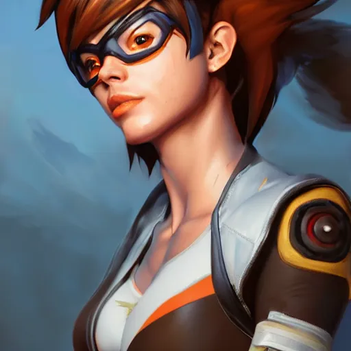 Image similar to a highly detailed portait of tracer from overwatch with muscles, digital art, pretty face, muscular, very beautiful face, very detailed eyes, 8 k resolution, digital painting, by james gurney wlop, greg rutkowski, full body