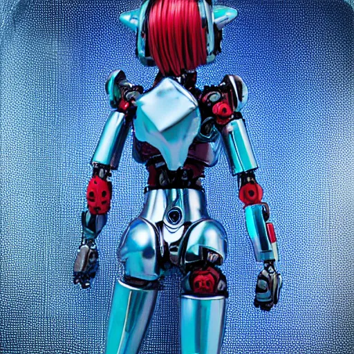 Image similar to studio photography full view of a translucent blue cyborg anime girl action figure with chromed cybernetics inside her body, chogokin, microman, micronauts, in a light box with a red background