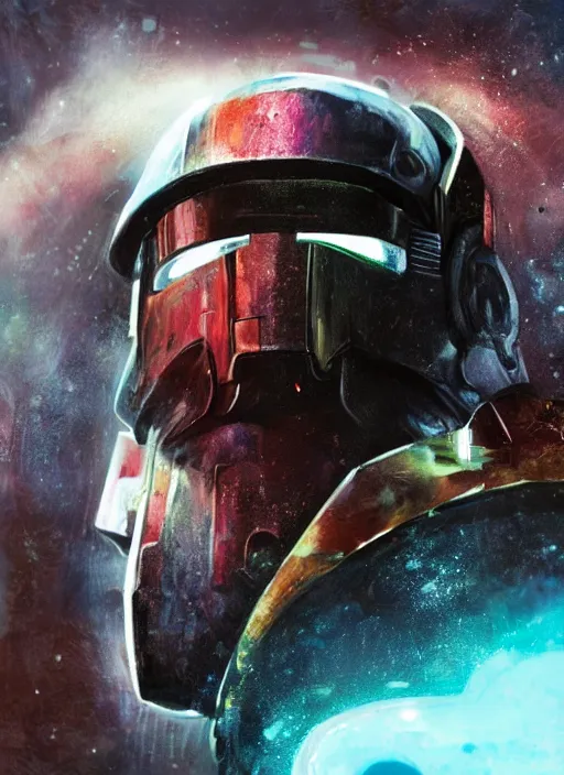 Prompt: Robot Suit, Judge Dredd, Half Face, Samus Aran, Colorful, Space Background, Human Jaw, Mouth, Half Helmet, Visor, Bust, Concept Art, Samurai Helmet, Kabuto, Rhino Beetle, Storm Trooper, Helmet, Dredd, Karl Urban, Sylvester Stallone, Profile, High Detail, 2D art, Artstation, Neon lights, Sci-fi, Space suit, Luis Nieves Sr, Makoto Kano, Metroid